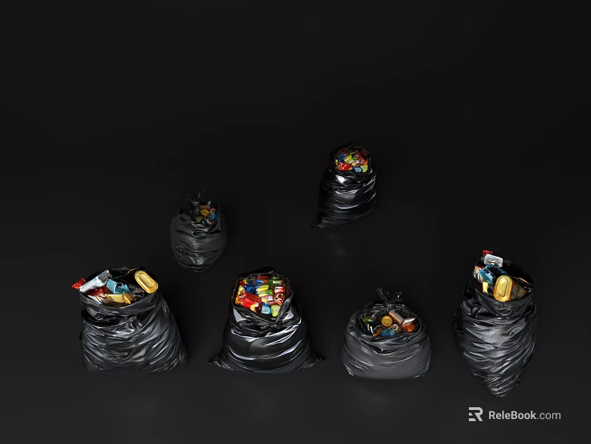 Black Trash Bags Filled With Various Garbage And Waste Items 3d model 