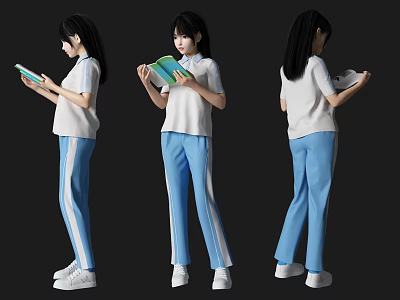 Woman In White Shirt And Blue Pants Reading Book Standing Pose 3d model