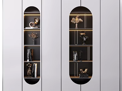 Modern Black Hanging Decorative Cabinets With Gold Lighting And Decorative Items 3d model