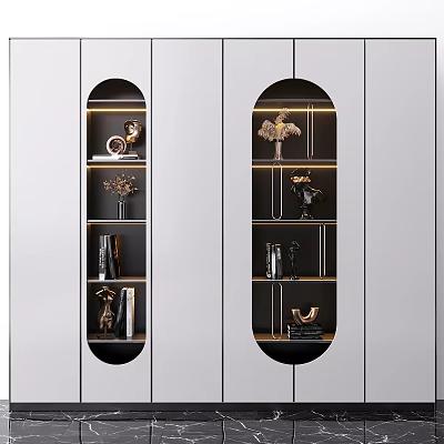Modern Black Hanging Decorative Cabinets With Gold Lighting And Decorative Items 3d model