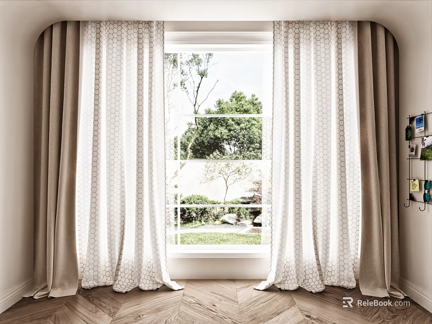 Elegant Beige And White Curtains Framing Window With Green Trees And Lawn View 3d model 