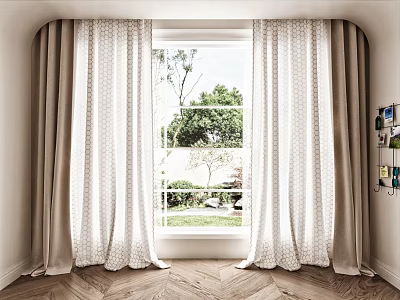 Elegant Beige And White Curtains Framing Window With Green Trees And Lawn View 3d model