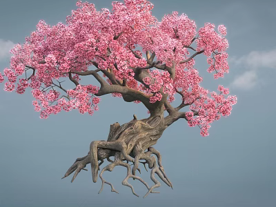Beautiful Arbor with Pink Blossoms Thick Trunk Exposed Roots Against Blue Sky and White Clouds 3d model