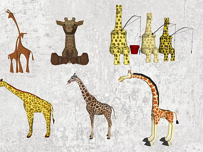 Colorful Spotted Giraffes in Various Poses Standing and Sitting with Yellow Brown Hues 3d model