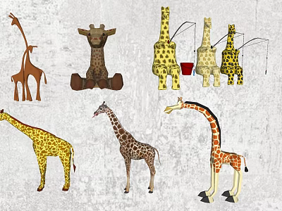 Colorful Spotted Giraffes in Various Poses Standing and Sitting with Yellow Brown Hues 3d model