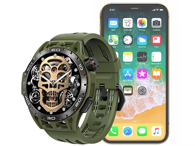 Green Strap Smart Watch With Skull Design And Modern Smartphone Displaying App Icons 3d model