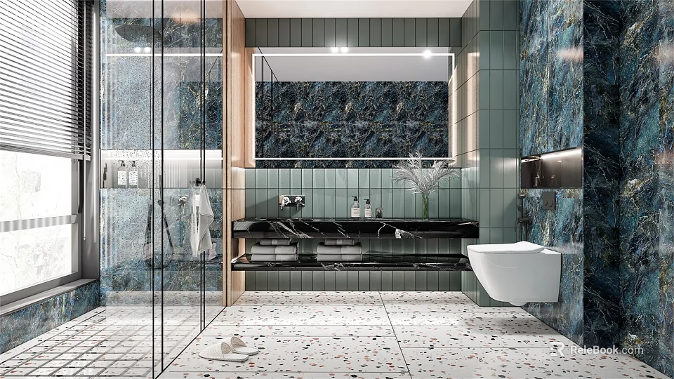 Modern Bathroom Interior Design With Glass Shower Dark Marble Wall And Terrazzo Floor 3d model 