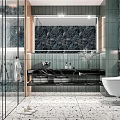 Modern Bathroom Interior Design With Glass Shower Dark Marble Wall And Terrazzo Floor