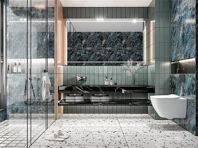 Modern Bathroom Interior Design With Glass Shower Dark Marble Wall And Terrazzo Floor 3d model