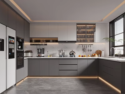 Sleek Modern Kitchen Interior With Gray Cabinets Island Counter And Appliances 3d model