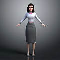 3D Character Woman In White Top With Pink Bow Gray Skirt Arms Outstretched Standing Pose