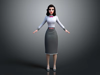 3D Character Woman In White Top With Pink Bow Gray Skirt Arms Outstretched Standing Pose 3d model