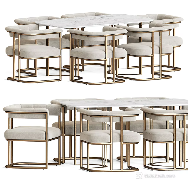 Modern Dining Table Set With Metal Frame Chairs And Upholstered Light Colored Seats 3d model
