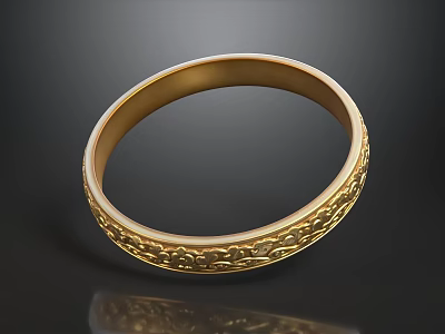 Gold Bracelet With Intricate Carved Patterns On Black Background With Reflection 3d model