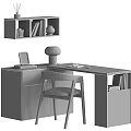Modern Office Desk With Wooden Top White Cabinet Gray Chair Lamp Books And Shelf