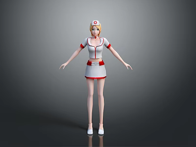 3D Nurse Character in White Uniform With Red Accents and Medical Hat Standing Pose 3d model