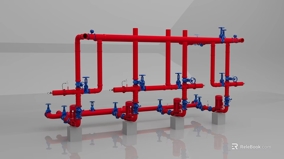Industrial Piping System With Red Pipes And Blue Valves Mounted on Gray Supports 3d model 