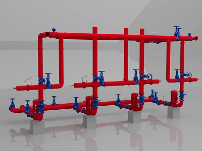 Industrial Piping System With Red Pipes And Blue Valves Mounted on Gray Supports 3d model