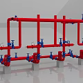 Industrial Piping System With Red Pipes And Blue Valves Mounted on Gray Supports