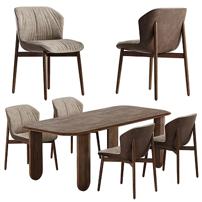 Modern Stylish Dining Table Set with Wooden Tabletop and Upholstered Chairs for Home Dining Room 3d model