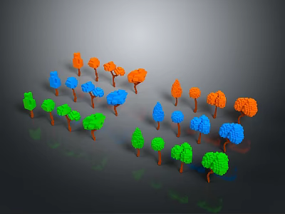 Colorful 3D Model Trees Arranged in Green Blue Orange on Gray Background With Reflections 3d model