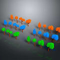 Colorful 3D Model Trees Arranged in Green Blue Orange on Gray Background With Reflections