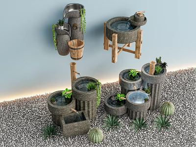 Garden Landscape With Decorative Stone Basins Wooden Stands Cacti And Gravel 3d model
