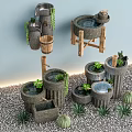 Garden Landscape With Decorative Stone Basins Wooden Stands Cacti And Gravel