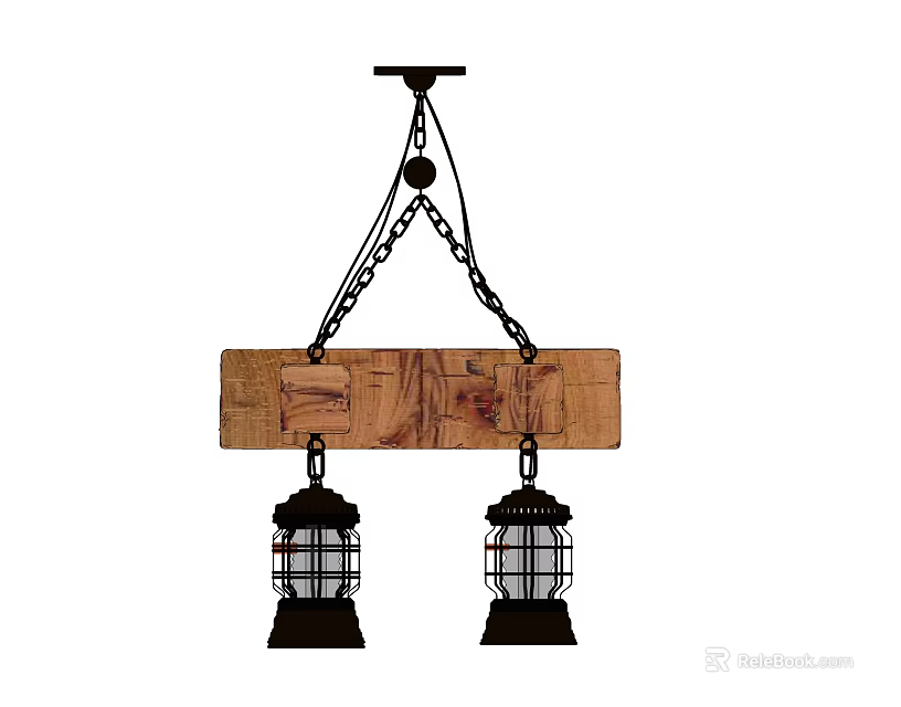 Rustic Wooden Plank Chandelier With Metal Chains And Two Lantern Shaped Shades 3d model 