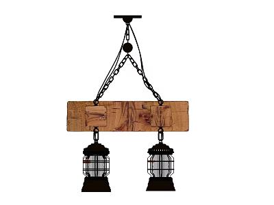 Rustic Wooden Plank Chandelier With Metal Chains And Two Lantern Shaped Shades 3d model