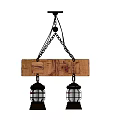 Rustic Wooden Plank Chandelier With Metal Chains And Two Lantern Shaped Shades