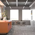 Modern Stylish Media Office Reception Desk With Warm Soft Lighting And Comfortable Waiting Lounge Area
