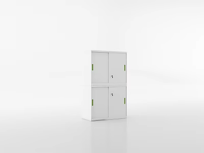 White Storage Cabinet With Four Doors And Green Handles On White Background 3d model