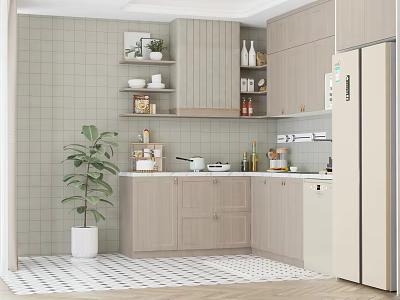Light Wood Kitchen Interior With Open Shelves Bowls Jars And Green Plant On Checkered Floor 3d model