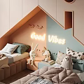 Kids Room Interior With Good Vibes Bed Pendant Lights Circular Wall Cutouts And Stuffed Toys