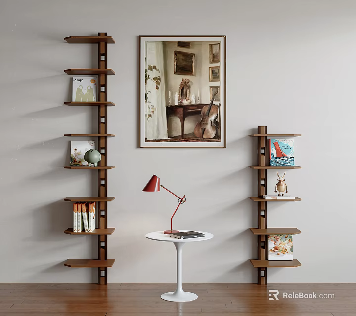 Wooden Multi Tiered Bookshelves with Books Decorative Items Red Lamp and Wall Painting in Interior 3d model 