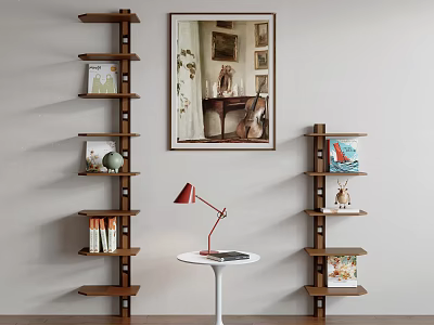 Wooden Multi Tiered Bookshelves with Books Decorative Items Red Lamp and Wall Painting in Interior 3d model