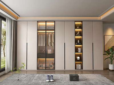 Modern Stylish Wardrobe Interior Design With Glass Doors Hanging Clothes And Storage Lighting 3d model