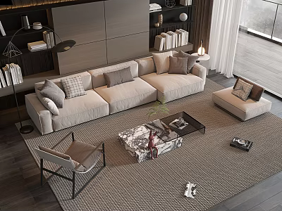 Modern Sectional Sofa In Living Room With Pillows Coffee Table And Area Rug 3d model