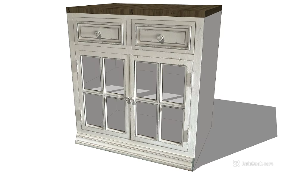Classic White Sideboard With Glass Doors Drawers And Metal Handles On Dark Countertop 3d model 