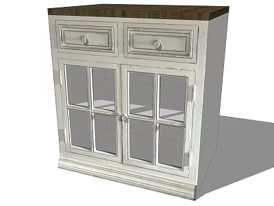Classic White Sideboard With Glass Doors Drawers And Metal Handles On Dark Countertop 3d model