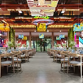 Cyberpunk Style Restaurant Interior with Neon Lights Dining Tables Chairs Green Plants and Decorative Paintings