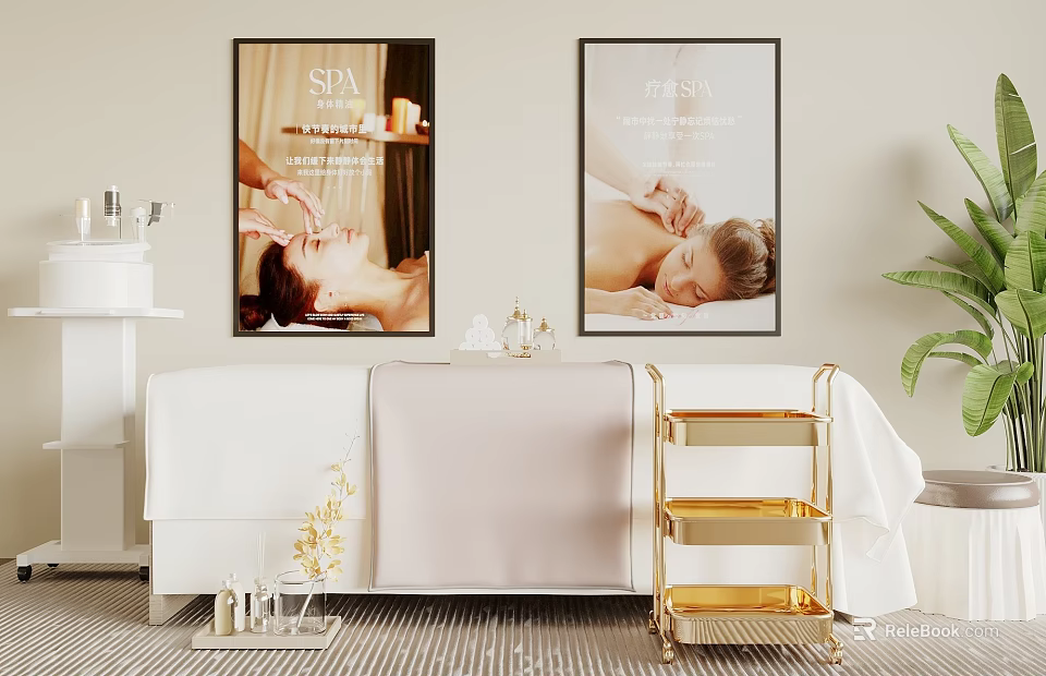 Cozy Massage Bed in Luxurious SPA Setting with Decorative Posters and Gold Cart 3d model 