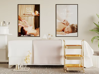 Cozy Massage Bed in Luxurious SPA Setting with Decorative Posters and Gold Cart 3d model