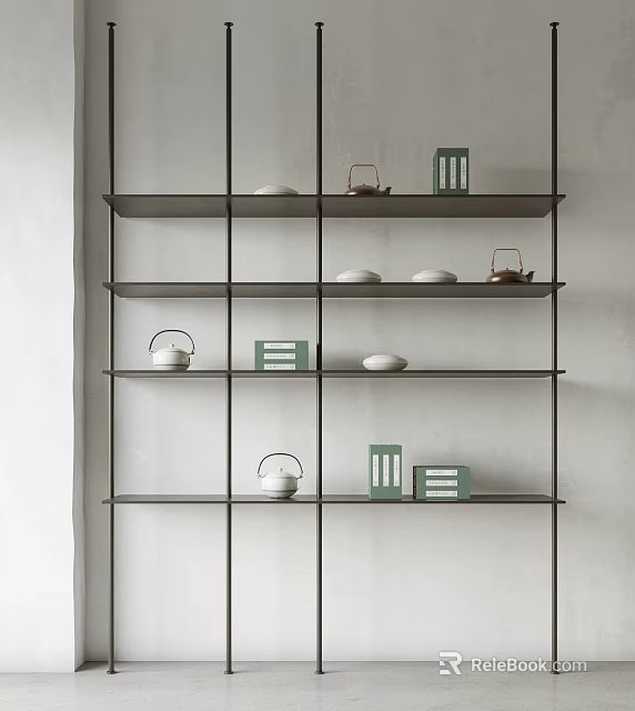 Modern Bookshelf Open Shelving Design With Green Boxes White Plates And Teapots 3d model 