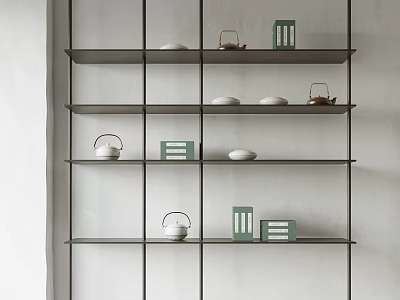 Modern Bookshelf Open Shelving Design With Green Boxes White Plates And Teapots 3d model