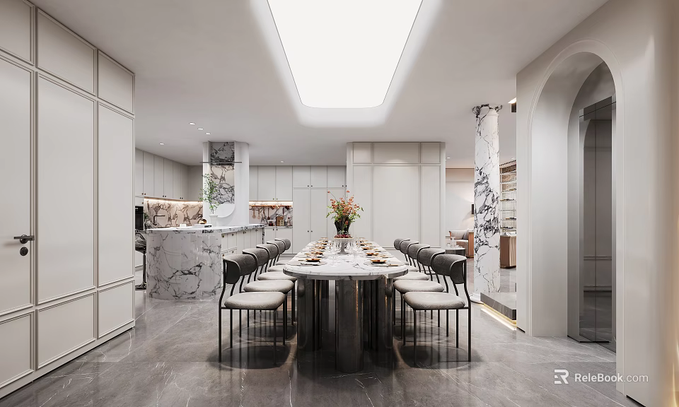 Modern Basement Interior Design With Dining Table Marble Island And Chairs 3d model