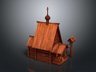 Traditional Wooden Building With Sloped Roof Cross On Top Small Tower And Decorative Carvings 3d model