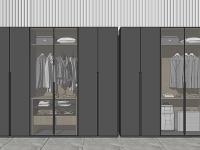 Modern Wardrobe Interior Design With Glass Doors Hanging Clothes And Storage Compartments 3d model