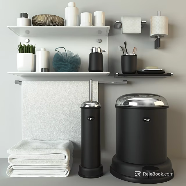 Modern Stylish Bathroom Accessories with Shelf Towels Loofah Toothbrush Holder and Trash Can 3d model 